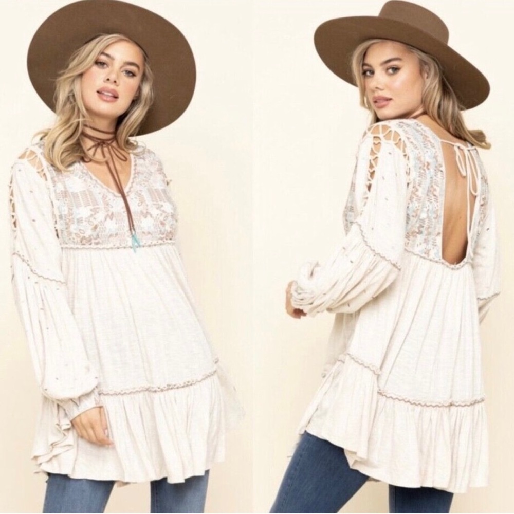 FREE PEOPLE Much Love Tunic Top Shirt Blouse Boho Embroidered Beige Aqua Brown